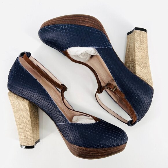 Faryl Robin Anthropologie Lois Navy Dragon Scale‎ T-Strap Heels Size 7.5 - Picture 3 of 9